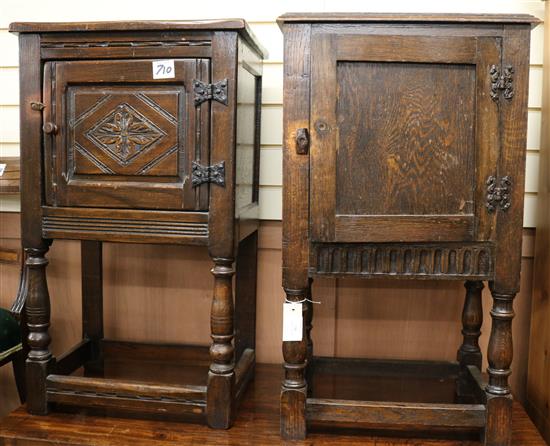 Two carved oak bedside cupboards, 1ft 6in.